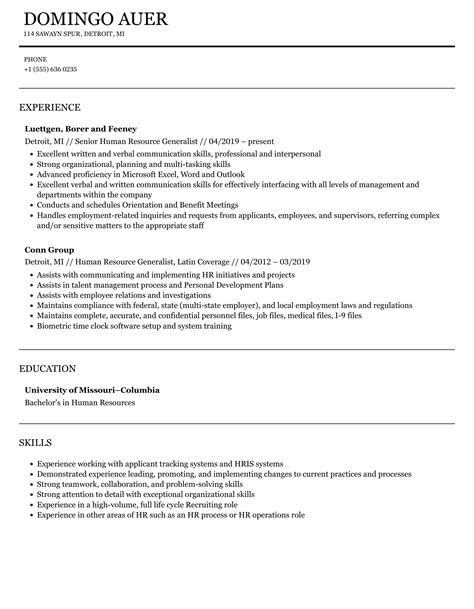 Human Resource Generalist Resume Samples Velvet Jobs