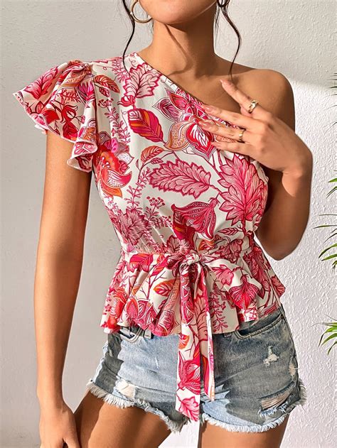 Floral Print One Shoulder Belted Blouse Refashion Clothes Fashion