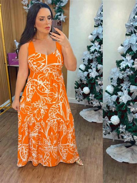 Vestido Longo Bojo Alça Larga em Crepe Estampado Lu Modas