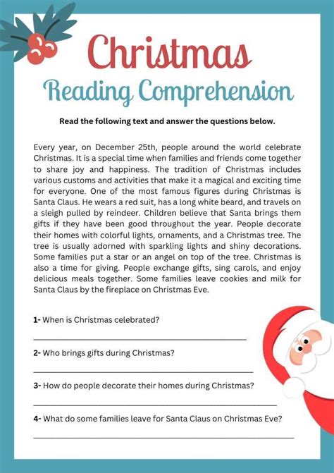 Christmas Reading Comprehension Worksheet In Turquoise Red Festive Style