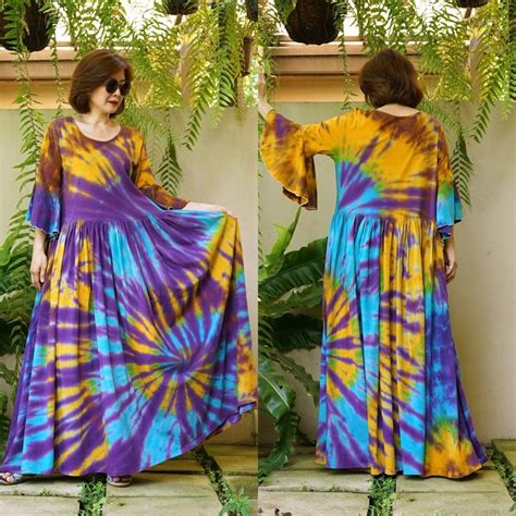 Boho Exaggerate Bell Sleeve Gathered Waist Tie Dye Maxi Fit And Flare