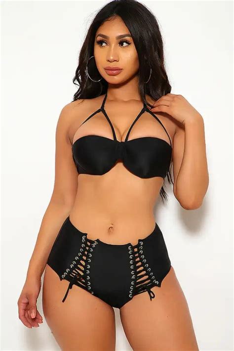 Sexy Black Lace Up Push Up Two Piece Swimsuit Amiclubwear