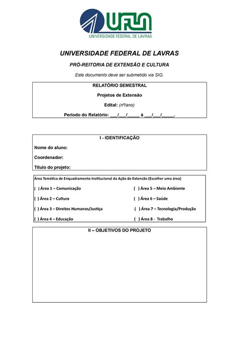 Modelo Relatrio Semestral Universidade Federal De Lavras Pr Reitoria