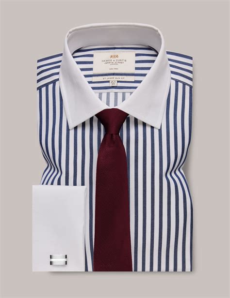 Non Iron Navy White Bold Stripe Slim Fit Shirt With White Collar And