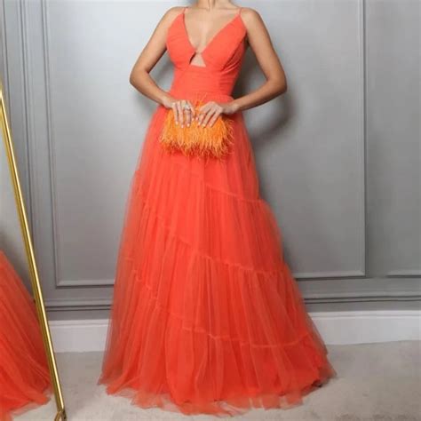 Orange Tulle V Neck Spaghetti Straps Evening Formal Gown Formal Elegance