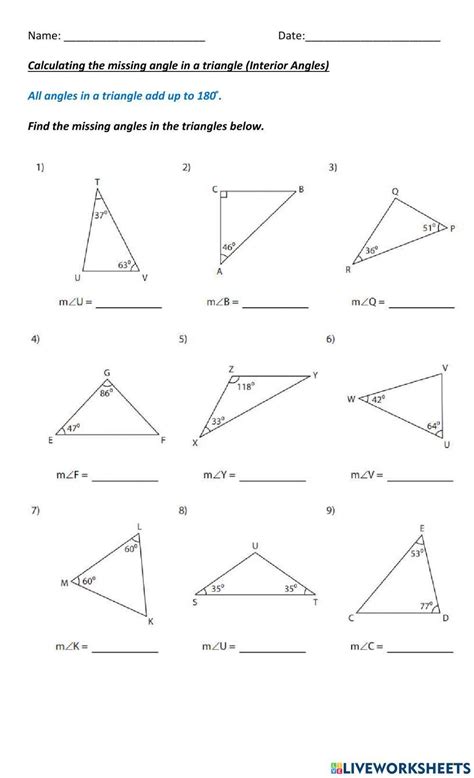 Calculating The Missing Angle In A Triangle Worksheet Live