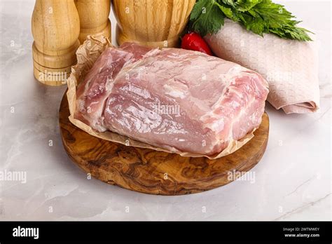 Raw Uncooked Pork Meat Loin Over Board Stock Photo Alamy