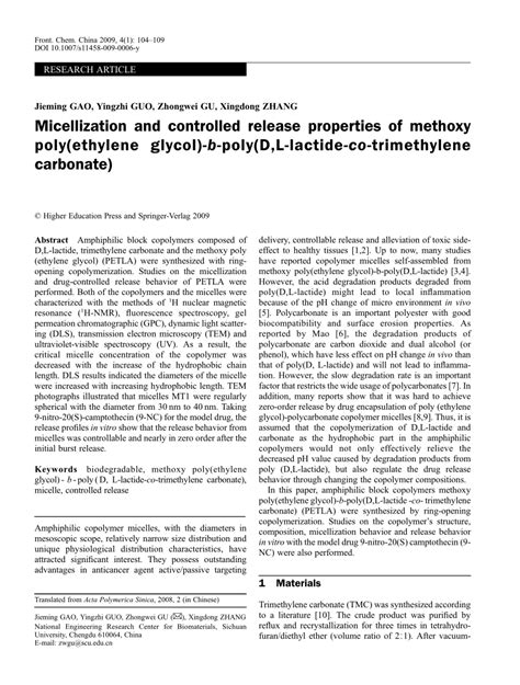 Pdf Micellization And Controlled Release Properties Of Methoxy Poly