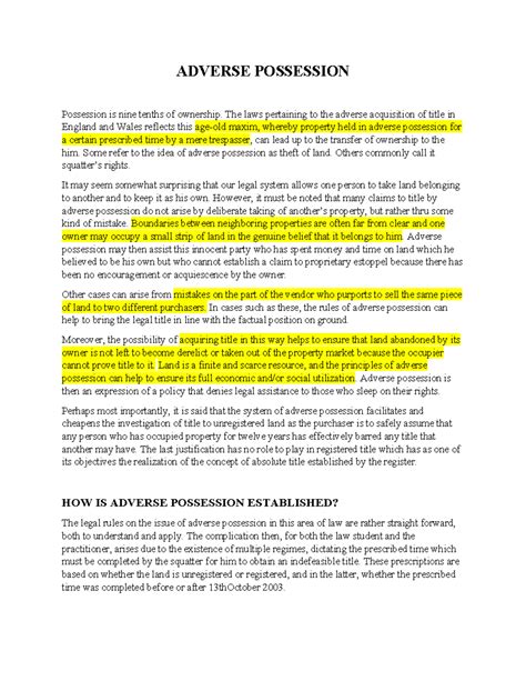 Adverse Possession Notes Adverse Possession Possession Is Nine Tenths Of Ownership The Laws