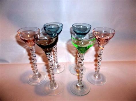 Vintage Set Of 6 Multi Colored 1oz Cordial Sherry Glasses Twisted