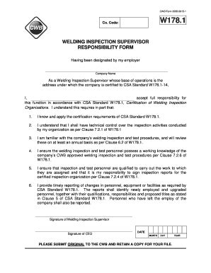 Fillable Online WELDING INSPECTION SUPERVISOR RESPONSIBILITY FORM CWB