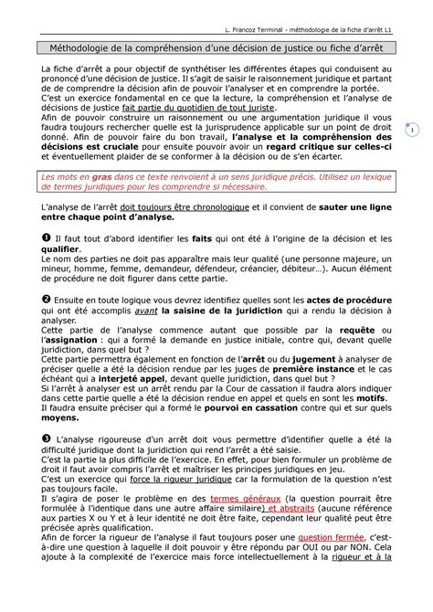 Methodologie fiche d arret L Francoz Terminal méthodologie de la