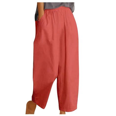 WREESH Womens Cotton Linen Pants Solid Pants Streetwear Elastic Pocket