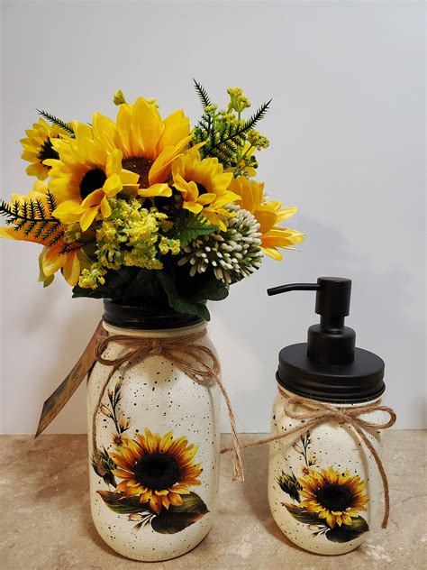 Mason Jar Bathroom Desk Set Sunflower Decor Country Decor Farmhouse