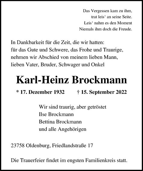 Traueranzeigen Von Karl Heinz Brockmann Trauer Anzeigen De