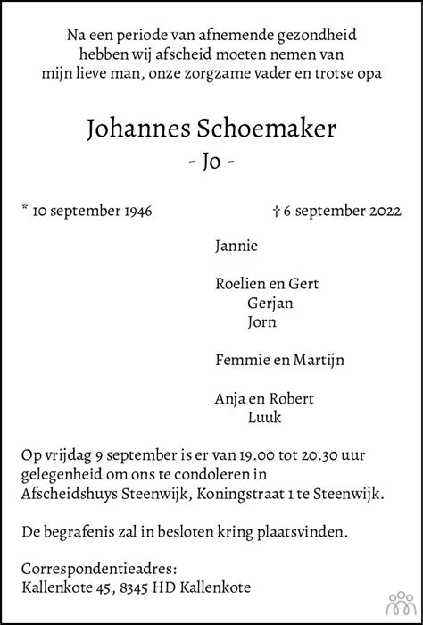 Johannes Jo Schoemaker Overlijdensbericht En Condoleances