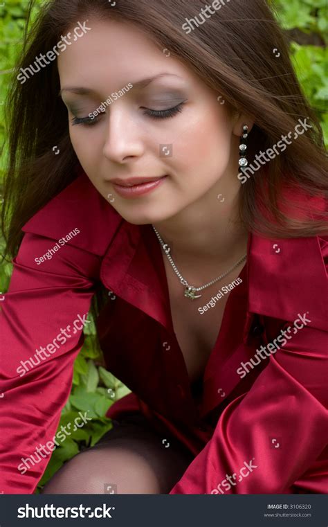 Sexy Brunette Red Sitting On Green Stock Photo Shutterstock