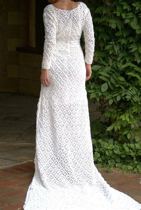 Amazing Hand Crocheted Wedding Dress With Train White Vintage 70s Crochet Wedding Dresses