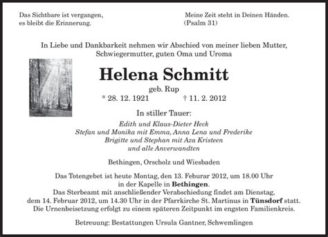 Traueranzeigen Von Helena Schmitt Saarbruecker Zeitung Trauer De