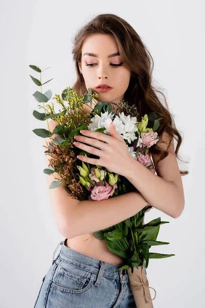 Back View Shirtless Brunette Model Holding Flowers Back Isolated Grey Stock Photo By Ischukigor