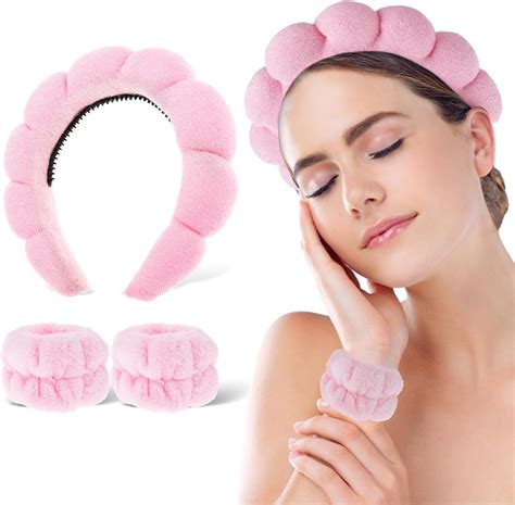 Spa Headband Wrist Washband Set For Women Sponge Puffy Makeup Headband