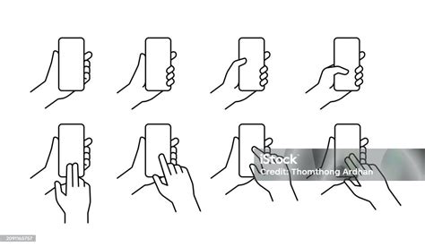 Hands Holding Mobile Phones Outline Icon Set Flat Vector Illustration