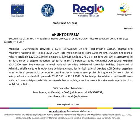 Comunicat De Presa Gott Infrastruktur Srl Ziarul National