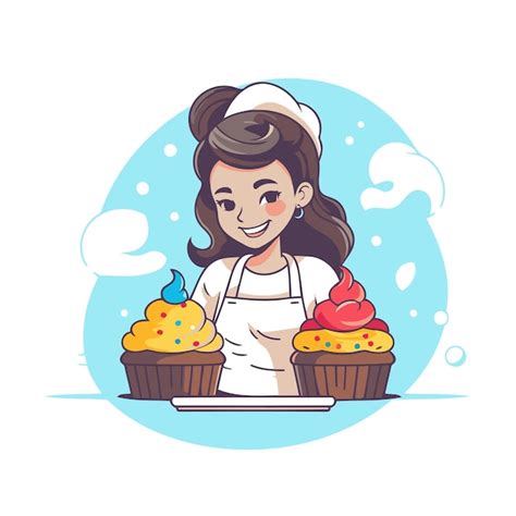 Cute Girl Chef With Cupcakes Vector Illustration In Cartoon Style