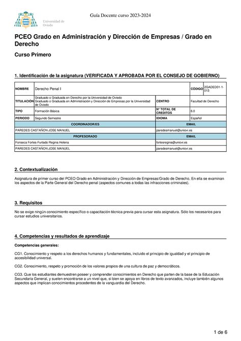 Guía docente Derecho Penal I PCEO Grado en Administración y Dirección