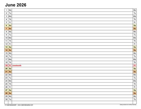 June 2026 Calendar | Templates for Word, Excel and PDF