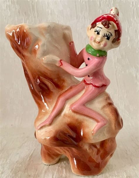 Vintage Pink Pixie Elf Ceramic Figurine Planter Vase Japan S