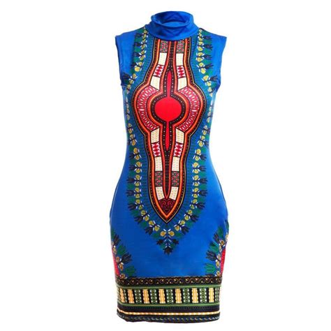 Vestido Mini Dashiki Estilo Afro Azul Sem Manga Vestido Dashiki