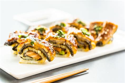 Grilled Eel Or Unagi Fish Sushi Maki Roll With Sweet Sauce Stock Photo