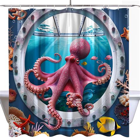 Octopus Ocean Fish Shower Curtain With Colorful Buttons Bathroom Fabric