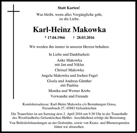 Traueranzeigen Von Karl Heinz Makowka Trauer In NRW De