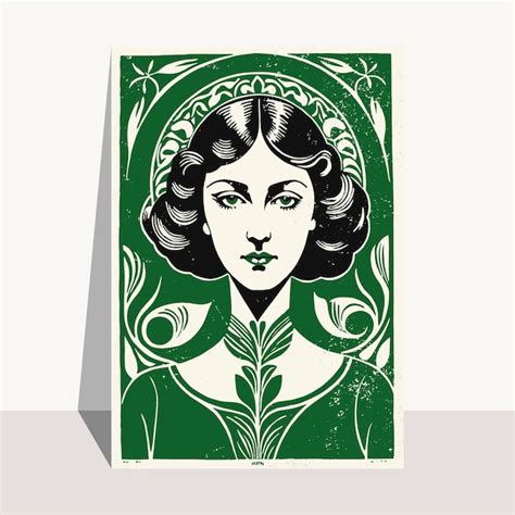 Art Nouveau Vector Poster Template Linocut Art Print Green Portrait