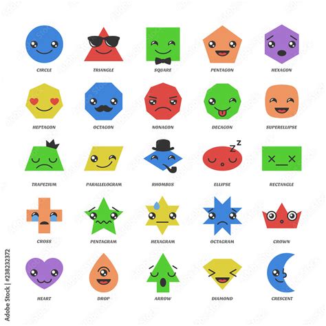 Big Set Vector Basic Shape With Kawaii Emojis Cartoon Emotion