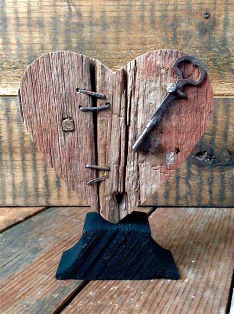 Mended Heart Wood Broken Heart With Vintage Key Rustic Wooden Hearts