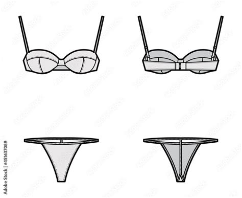 Set Of Lingerie Balconette Bra And T Back String Panties Technical Fashion Illustration With