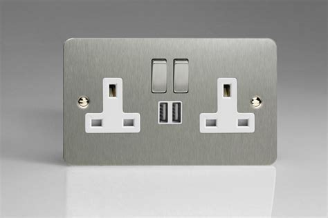 Varilight Ultraflat Brushed Steel 2 Gang 13a Single Pole Switched Socket With Metal Rockers 2