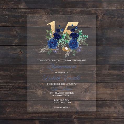 Navy Blue Floral And Gold Quinceanera 15 Acrylic Invitation Invitations