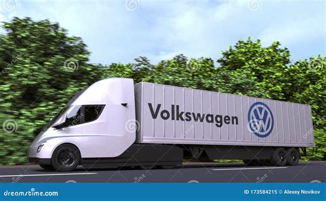 Electric Semi-trailer Truck with VOLKSWAGEN Logo on the Side. Editorial ...