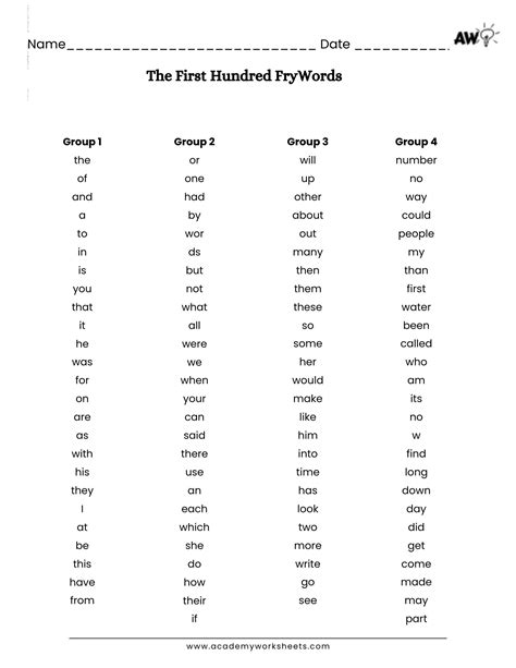 Fry Sight Words Worksheet Practice The First 100 Words Literacy