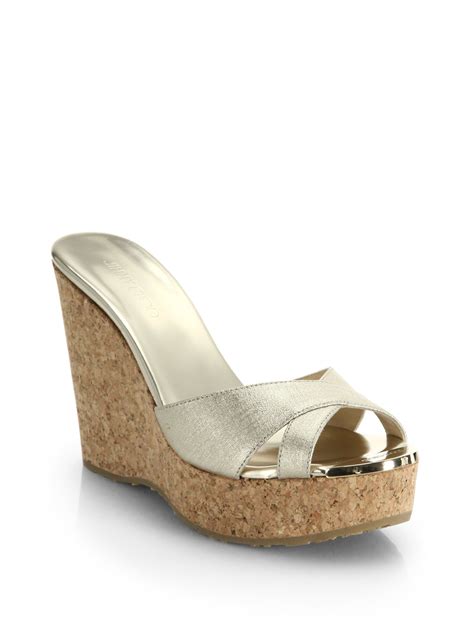 Jimmy Choo Perfume Metallic Leather Cork Wedge Sandals In Metallic Lyst