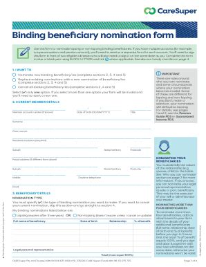 Fillable Online Nominating Your BeneficiariesCareSuperNominate A