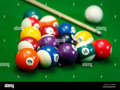 Billiard Balls In A Green Pool Table Stock Photo Alamy