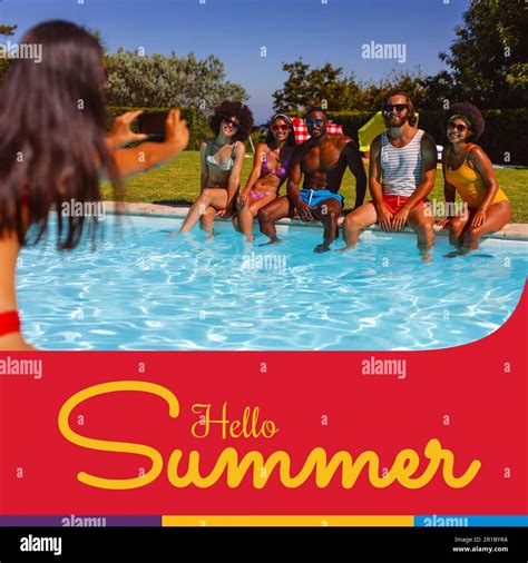 Composite Of Hello Summer Text And Diverse Woman Photographing Friends