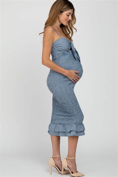 Blue Gingham Print Smocked Fitted Self Tie Maternity Midi Dress Pinkblush