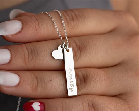 Engraved Name Bar Necklace Heart Name Necklace Vertical Bar Necklace