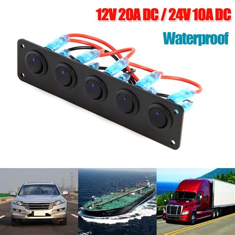 5 Gang Blue LED Rocker Switch Panel 12V 20A 24V 10A DC For Car Marine